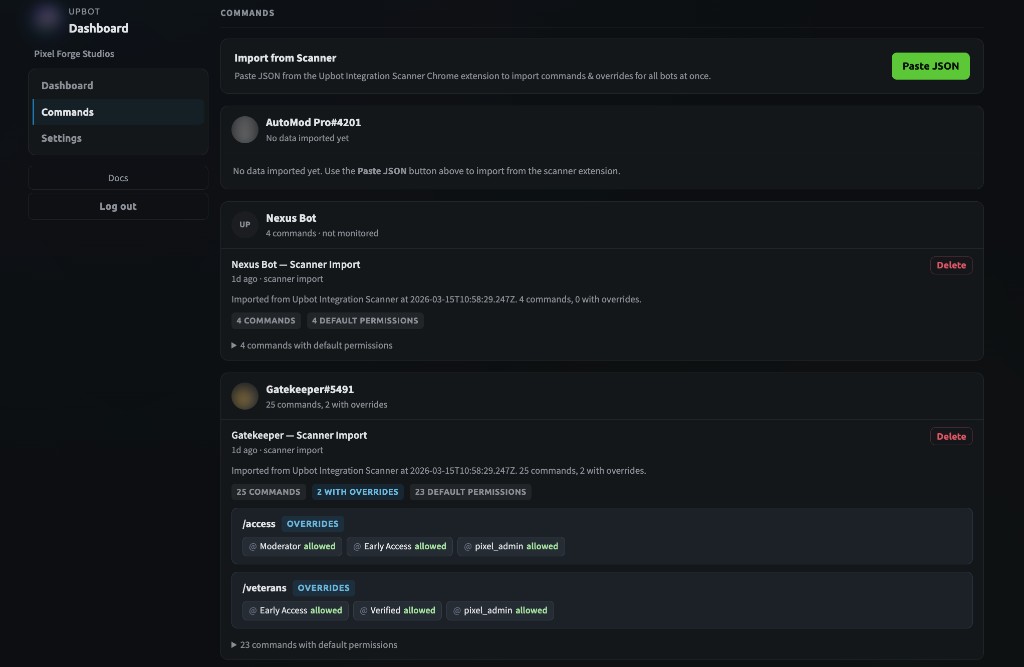 Commands tab showing scanner import with bot command overrides and permission details.