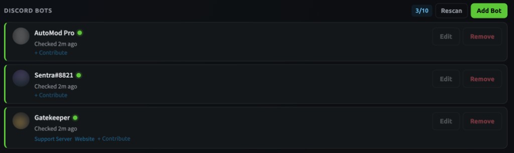 Discord Bots section showing three monitored bots with green status indicators, edit and remove actions.