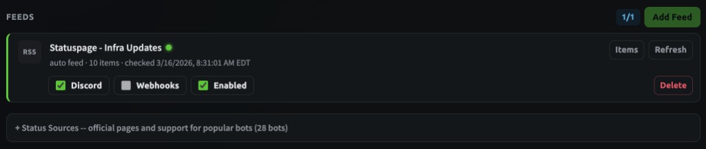 Feeds section showing an RSS feed with Discord and webhook delivery toggles.